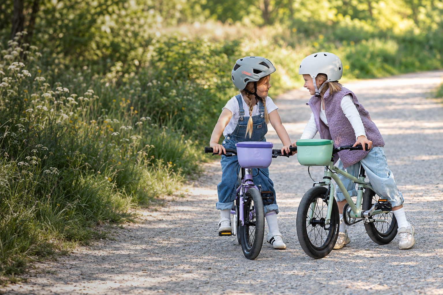 Two girls riding bicycles with Lori Kids handlebar baskets